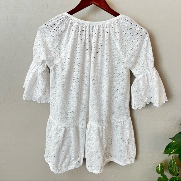 Playa Lucila white eyelet mini dress cover up, ellbow length puff sleeves,size M - Picture 5 of 13